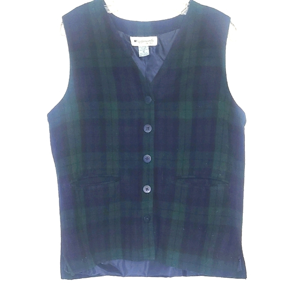 Plaid Vest Blue Green Black Button Front Lined 12 Equestrian Academia Preppy